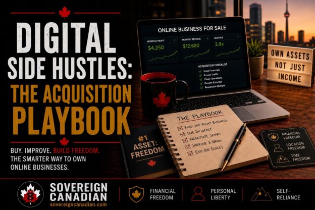 Digital side hustles acquisition playbook — laptop showing online business for sale listing with revenue metrics