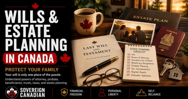 Wills and estate planning checklist in Canada with last will and testament document, estate plan binder, and Canadian passport on desk