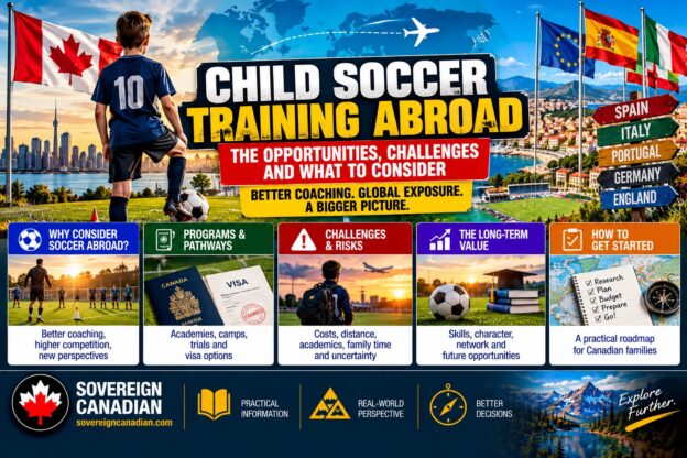 Canadian youth soccer player overlooking international training destinations, with European flags and information about overseas soccer academies, development opportunities, costs and risks.