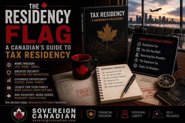The residency flag — a Canadian's guide to tax residency, showing a field guide, departure plan and tablet covering residential ties, the 183-day myth, becoming non-resident, the departure tax and treaty tie-breakers.
