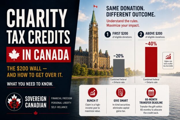 Charity tax credits Canada: chart comparing the ~20% combined federal and Ontario credit rate on the first $200 of donations to the ~40% rate above $200.