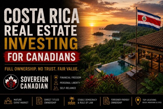 Costa Rica real estate investing for Canadians - sunset over a Pacific hillside villa with infinity pool and the Costa Rican flag