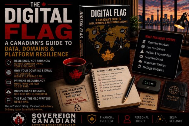 he digital flag — a Canadian's guide to data, domains and platform resilience, showing a field guide, checklist and tablet covering where your data lives, owning your domains, platform and payment risk, and avoiding a single off-switch