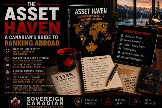 The asset haven flag — a Canadian's guide to banking abroad, showing a field guide, T1135 reporting document and tablet covering stability over secrecy, currency diversification, a second banking system, and why to plant this flag first.