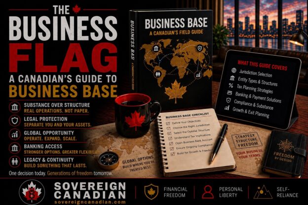 The business flag — a Canadian's guide to business base, showing a field guide, checklist and tablet covering jurisdiction selection, entity structures, tax planning, banking, compliance and substance, and growth and exit planning.