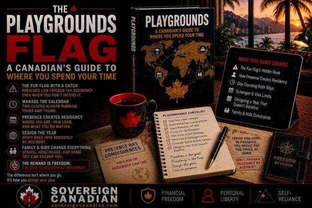The playgrounds flag — a Canadian's guide to where you spend your time, showing a field guide, checklist and tablet covering how presence creates tax residency, day-counting both ways, Schengen limits, and designing a year that doesn't backfire.
