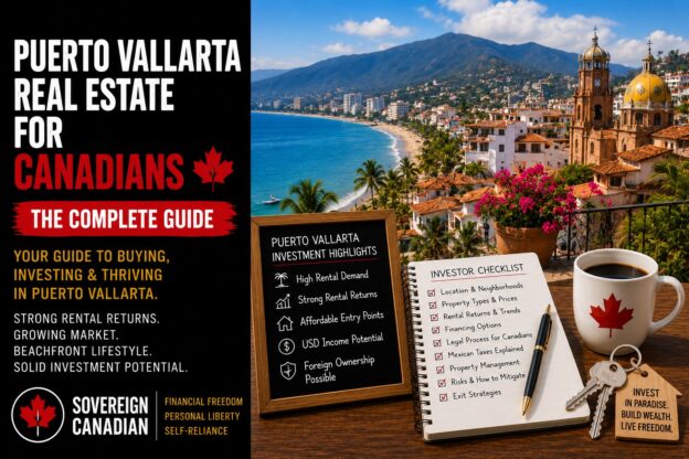 Puerto Vallarta real estate for Canadians guide, with Banderas Bay shoreline, the Church of Our Lady of Guadalupe, and an investor checklist
