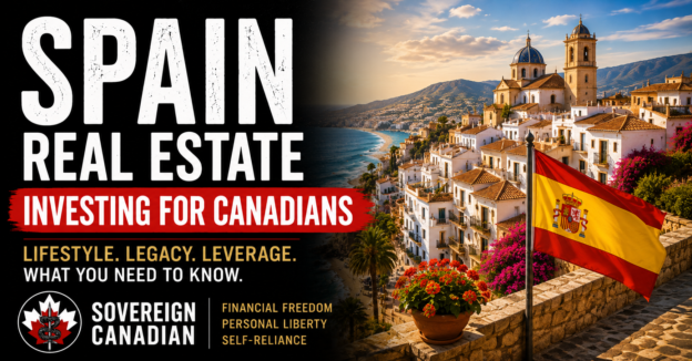 Spain real estate investing for Canadians — coastal town on the Costa Blanca with Spanish flag