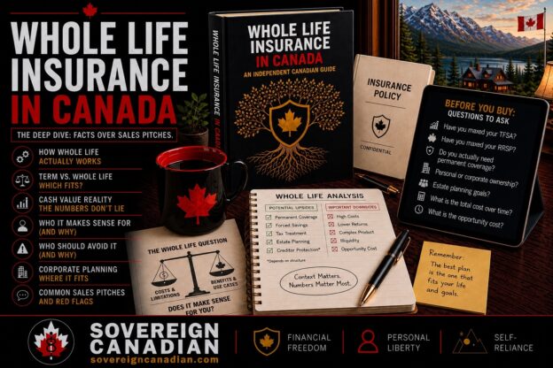 Whole life insurance in Canada guide with book, analysis notebook, and before-you-buy checklist on a desk