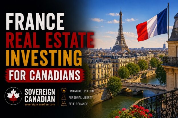France real estate investing for Canadians – Paris skyline with the Eiffel Tower, the Seine River, Haussmann architecture, and the French flag, Sovereign Canadian field guide