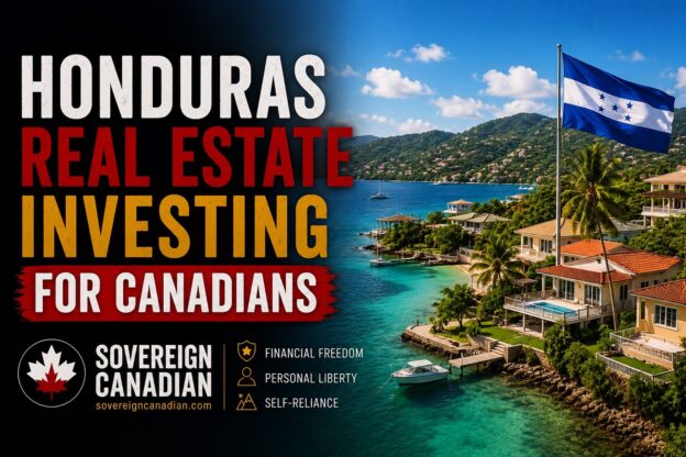 Honduras real estate investing for Canadians – luxury waterfront homes on Roatán with turquoise Caribbean water, Sovereign Canadian field guide