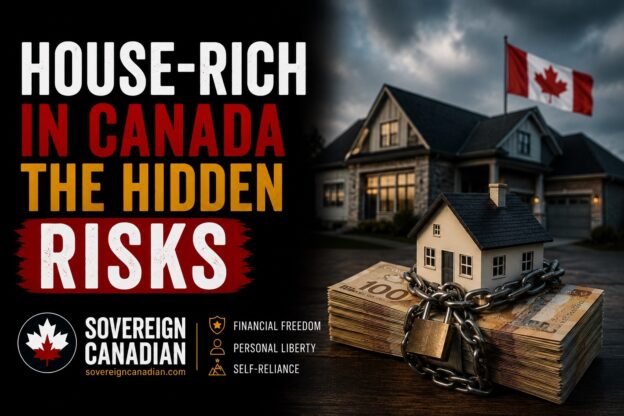 House Rich in Canada – model house chained to Canadian dollar bills illustrating the financial risks of concentrating wealth in a principal residence, Sovereign Canadian.
