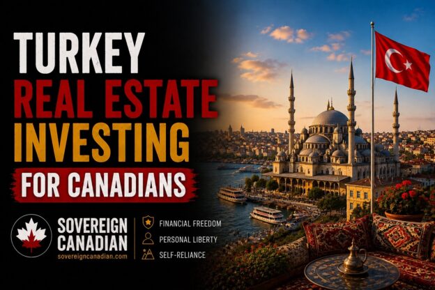 Turkey real estate for Canadians – Istanbul skyline overlooking the Bosphorus with a historic Ottoman mosque, Turkish flag, and waterfront neighbourhoods, Sovereign Canadian field guide.