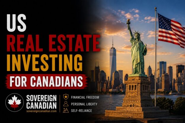 US real estate investing for Canadians – Statue of Liberty, Lower Manhattan skyline, One World Trade Center, and American flag, Sovereign Canadian field guide