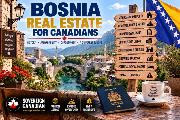 Bosnia real estate for Canadians with Mostar's historic bridge, Bosnian property, mountains and Bosnia and Herzegovina flag