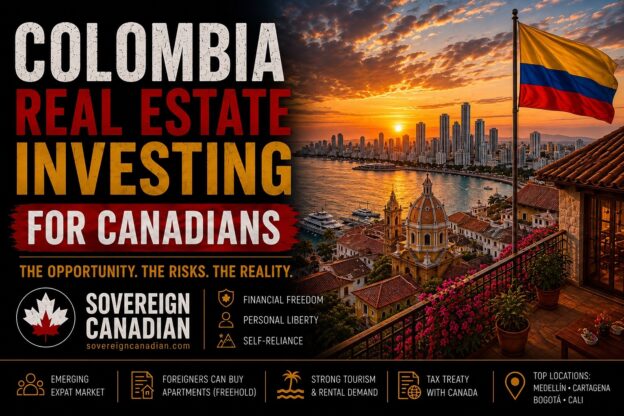 Colombia real estate for Canadians - Cartagena skyline at sunset with the Colombian flag