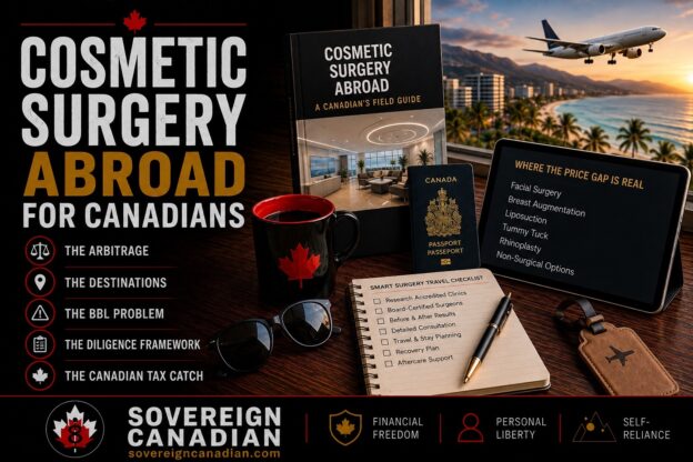 Cosmetic surgery abroad for Canadians featured image with passport, diligence checklist and coastal resort backdrop
