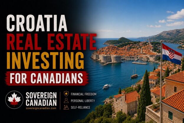 Croatia real estate investing for Canadians - Dubrovnik old town, Adriatic harbour, and Croatian flag