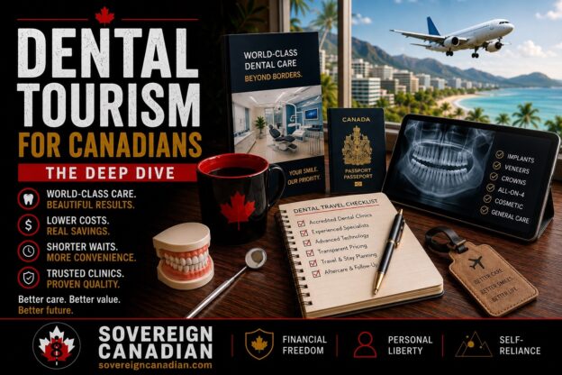 Dental tourism for Canadians: a Canadian passport, dental X-ray on a tablet, and a dental travel checklist on a desk with a tropical clinic view