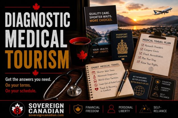 Diagnostic medical tourism for Canadians: a Canadian passport, stethoscope, and medical travel checklists on a desk overlooking a sunset airport.