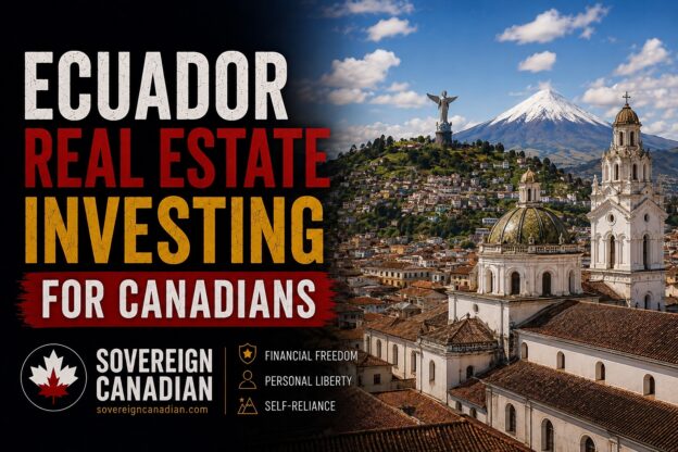 Ecuador real estate for Canadians - Quito's colonial old town, church domes, and a snow-capped Andean volcano, Sovereign Canadian field guide