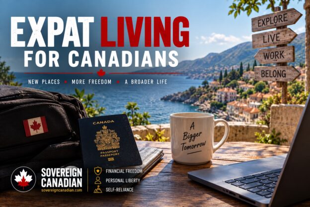 Expat living for Canadians with a Canadian passport, laptop and coastal destination representing life abroad