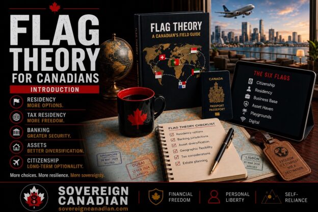 Flag Theory for Canadians introduction — a Canadian passport, globe, travel journal and tablet listing the six flags: citizenship, residency, business base, asset haven, playgrounds, and digital.