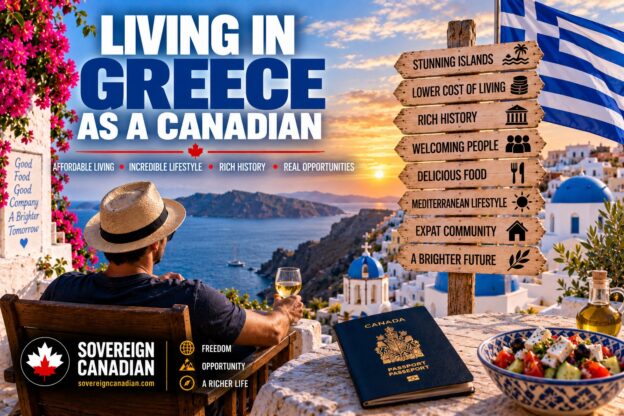 Living in Greece as a Canadian with a Greek island village, Aegean Sea, Greece flag and Canadian passport