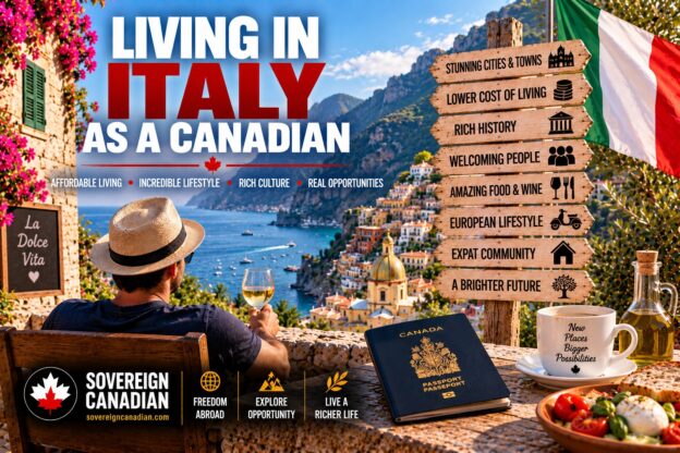 Living in Italy as a Canadian with an Italian coastal town, Mediterranean Sea, Italy flag and Canadian passport