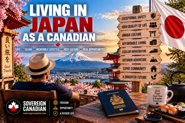 Living in Japan as a Canadian with Mount Fuji, Japanese pagoda, cherry blossoms, Japan flag and Canadian passport