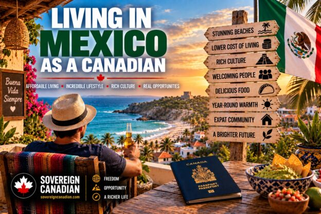 Living in Mexico as a Canadian with a tropical Mexican coastline, Mexico flag, Canadian passport and expat lifestyle