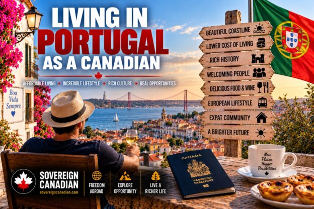 Living in Portugal as a Canadian with Lisbon rooftops, Tagus River, Portugal flag and Canadian passport