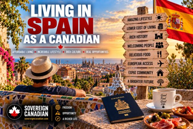 Living in Spain as a Canadian with Barcelona skyline, Mediterranean coast, Spain flag and Canadian passport
