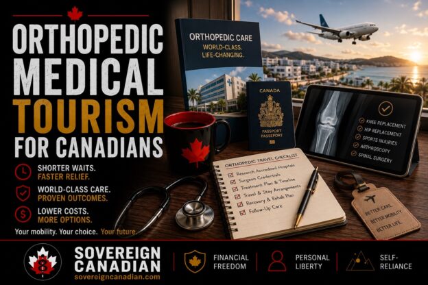 Orthopedic medical tourism for Canadians: a Canadian passport, stethoscope, knee X-ray on a tablet listing knee and hip replacement, and an orthopedic travel checklist on a desk overlooking a tropical coastline at sunset