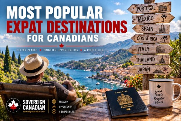 Most popular expat destinations for Canadians with signs pointing to Portugal, Mexico, Spain, Costa Rica, Italy, Thailand and Japan