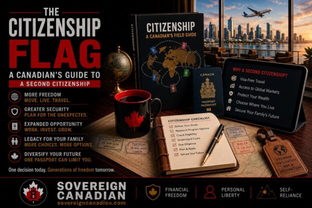 The citizenship flag — a Canadian's guide to a second citizenship, showing a Canadian passport, globe, travel journal and tablet listing why a second citizenship matters.