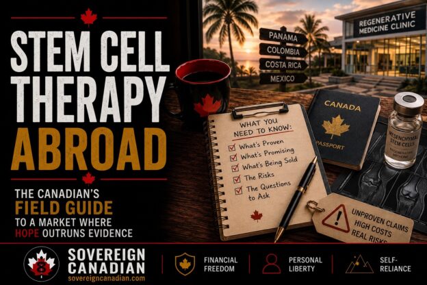 Stem cell therapy for Canadians field guide: Canada passport, mesenchymal stem cell vial, knee MRI, and a signpost to Panama, Colombia, Costa Rica and Mexico.