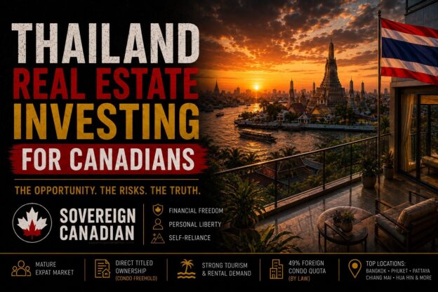 hailand real estate investing for Canadians - condo balcony overlooking the Chao Phraya River at sunset with Wat Arun and a Thai flag