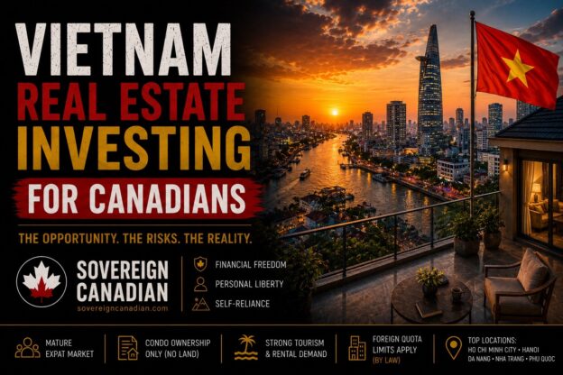 Vietnam real estate investing for Canadians - Ho Chi Minh City skyline and Saigon River at sunset from a high-rise apartment terrace with a Vietnamese flag