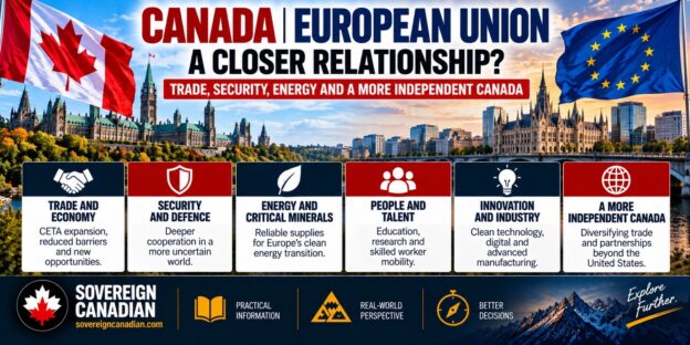 Canada and European Union relationship infographic covering trade, security, critical minerals, talent, innovation and Canadian economic independence