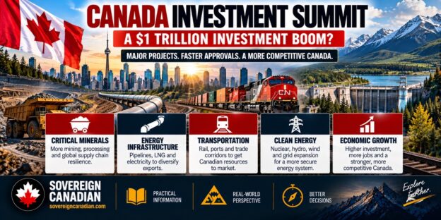 Canada Investment Summit infographic showing a proposed $1 trillion investment boom in critical minerals, energy infrastructure, transportation and clean energy