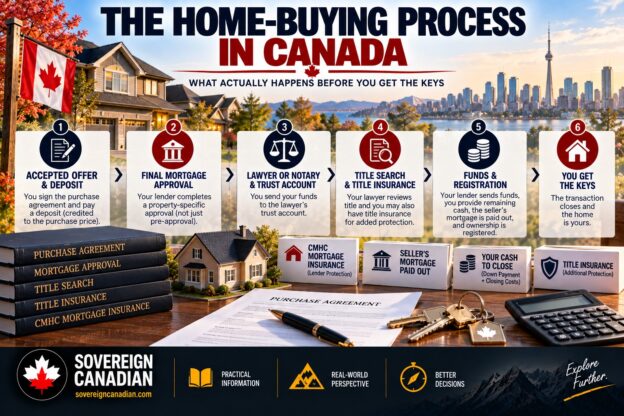 Home-buying process in Canada showing deposit, mortgage approval, lawyer trust account, title insurance, closing funds and registration