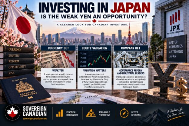 Investing in Japan for Canadian investors with Tokyo skyline, weak yen, Japanese equities and corporate reform
