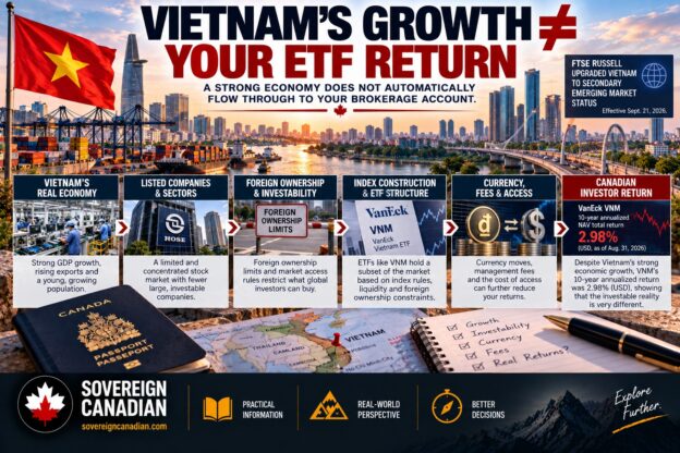 Investing in Vietnam for Canadian investors showing economic growth, foreign ownership limits, ETF structure and investor returns