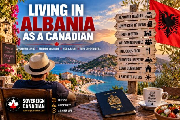 Living in Albania as a Canadian with the Albanian Riviera, coastal mountains, Albania flag and Canadian passport