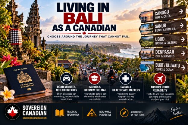 Living in Bali as a Canadian with signs for Canggu, Sanur, Ubud, Denpasar and Uluwatu highlighting schools, healthcare and airport access