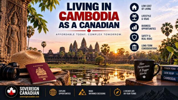 Living in Cambodia as a Canadian with Angkor Wat, Canadian passport and Cambodian tropical landscape