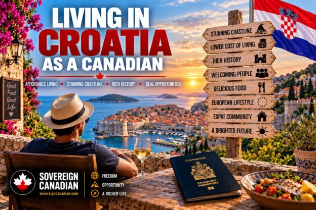 Living in Croatia as a Canadian with the Adriatic coast, historic Croatian city, Croatia flag and Canadian passport