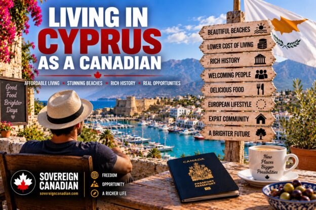 Living in Cyprus as a Canadian with a Mediterranean harbour, Cyprus flag, coastal mountains and Canadian passport