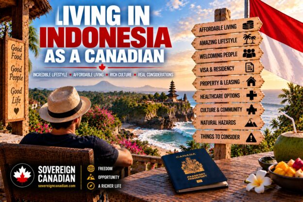 Living in Indonesia as a Canadian with a Bali temple, tropical coastline, Indonesian flag and Canadian passport